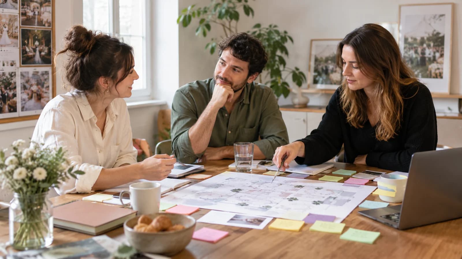 Réunion de débrief entre trois organisateurs autour d’un plan et de notes.
