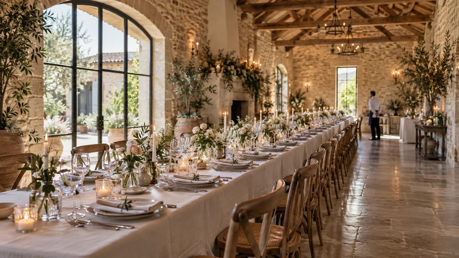 Longue table de banquet avec une allée de service dégagée.