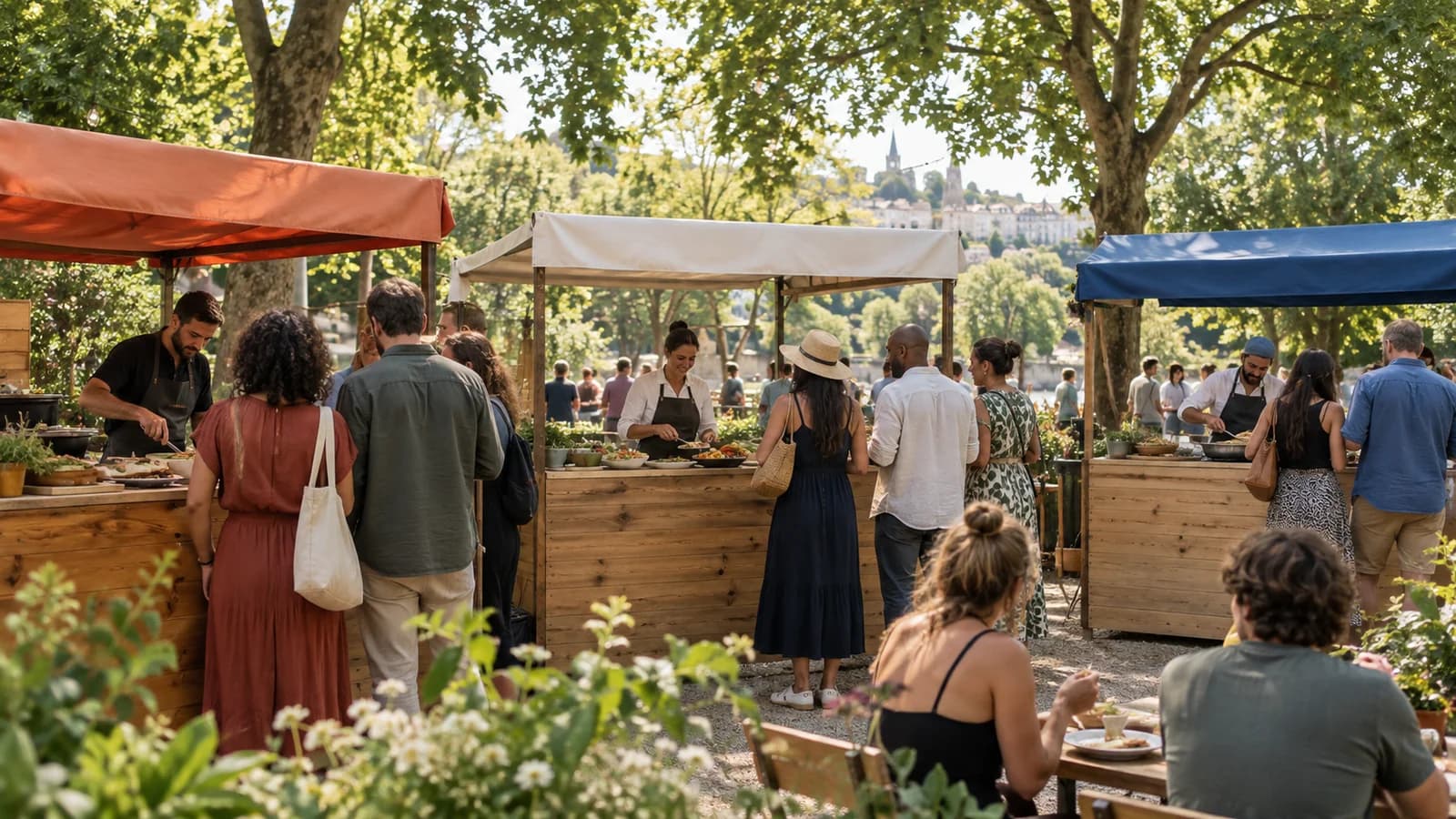 Trois stands sans enseigne accueillent les visiteurs d’un festival de street food.