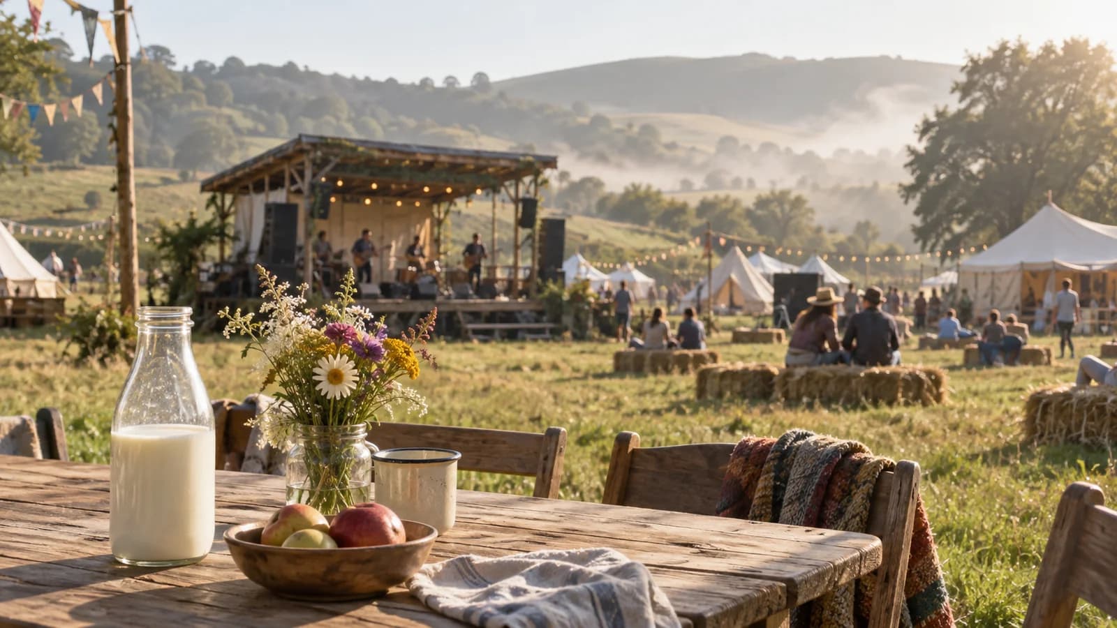 Prairie, petite scène et bouteille de lait : évocation d’un festival rural.