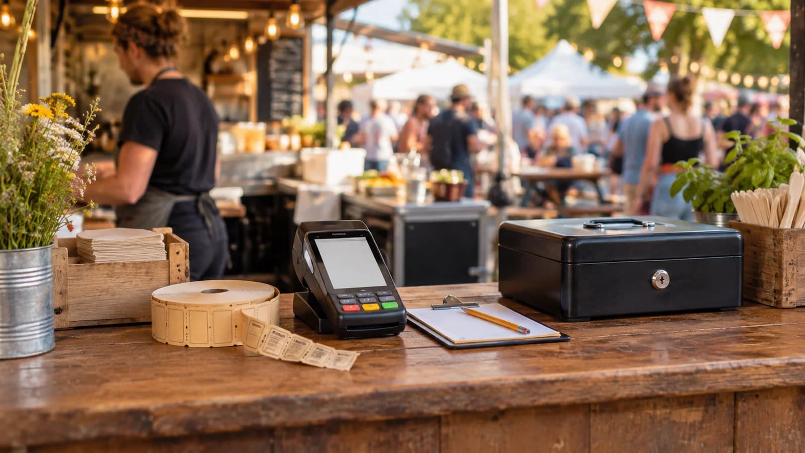 Terminal de paiement, billets papier et carnet de secours au festival.