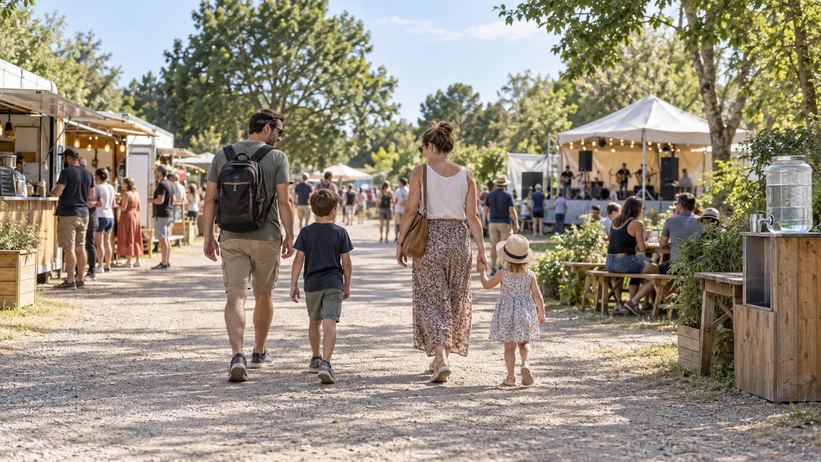 Une famille traverse une allée dégagée entre les stands d’un festival fictif.