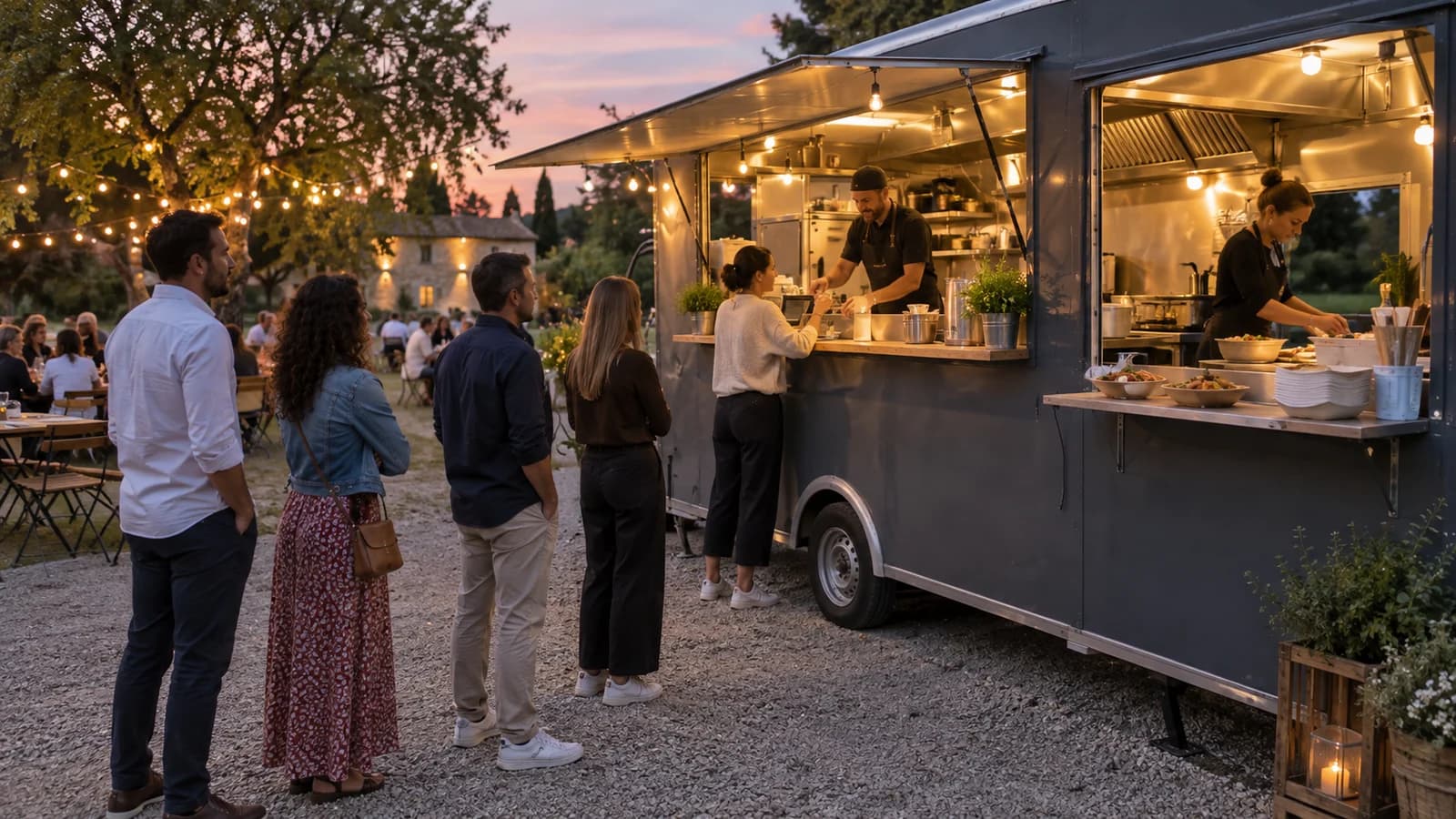 Des invités attendent devant un camion de restauration dans une réception extérieure fictive.