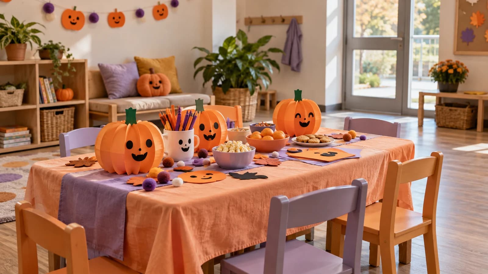 Une table d’atelier décorée de citrouilles souriantes en papier et de fournitures créatives.