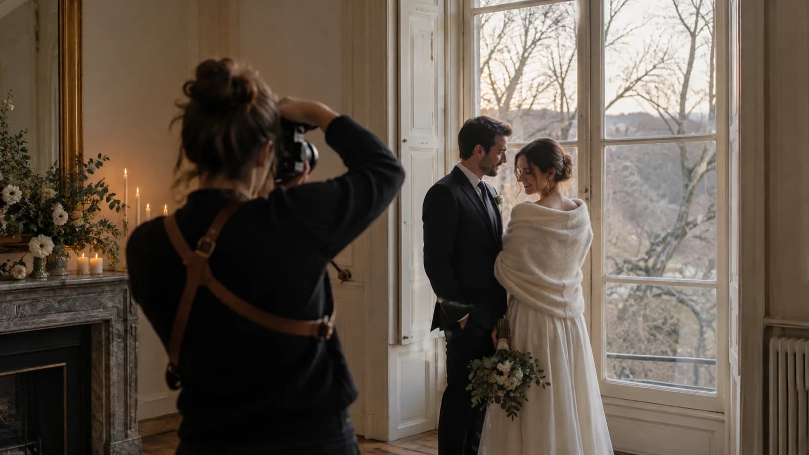 Un photographe accompagne un couple près d’une fenêtre donnant sur des arbres d’hiver.
