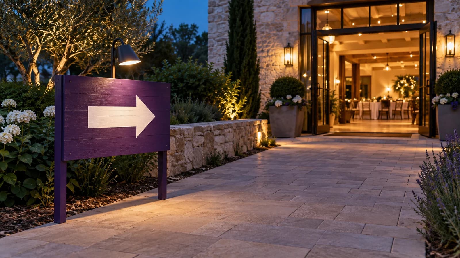 Un panneau violet à flèche blanche, éclairé par une lampe, indique le chemin vers une réception à la tombée du jour.