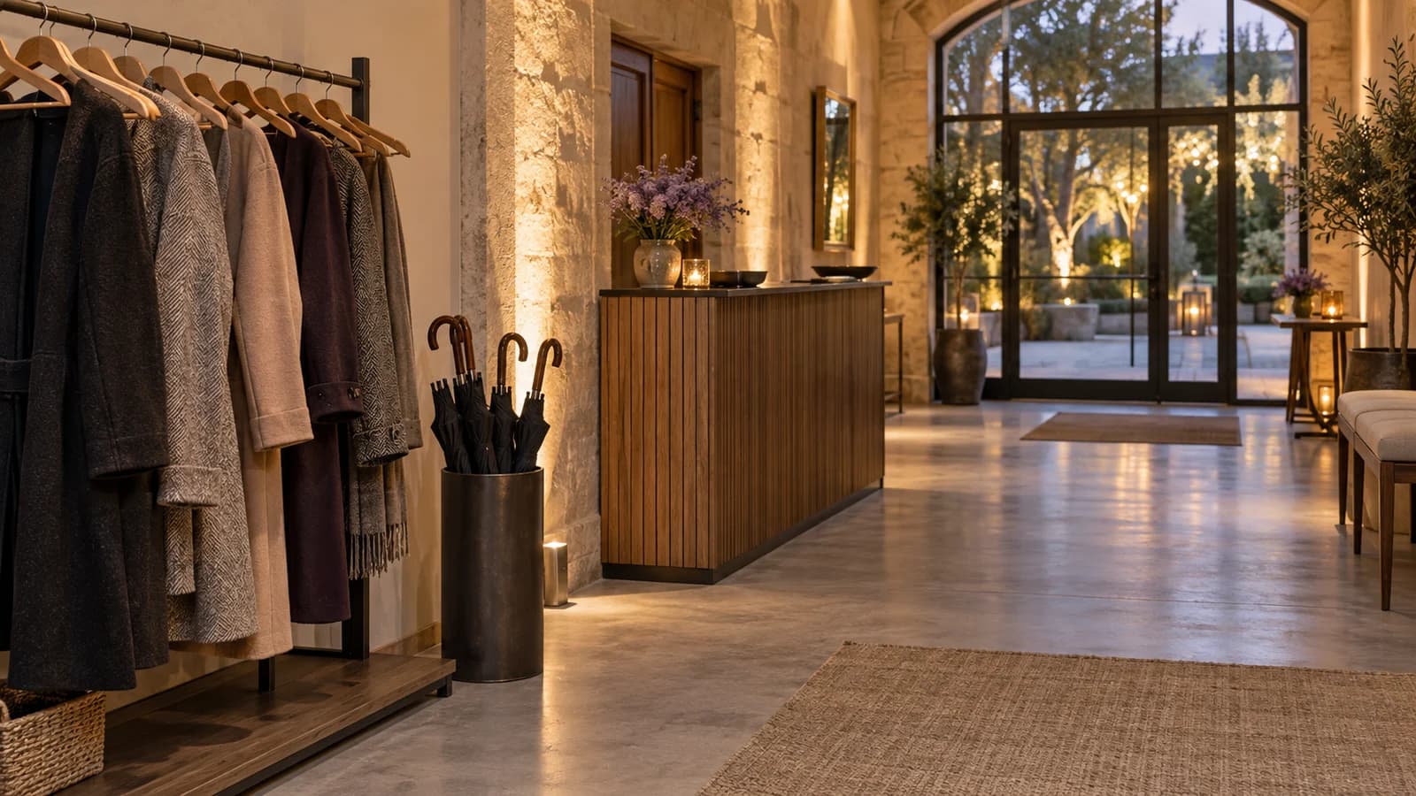 Un vestiaire de réception organisé avec un comptoir, des manteaux et un passage dégagé.